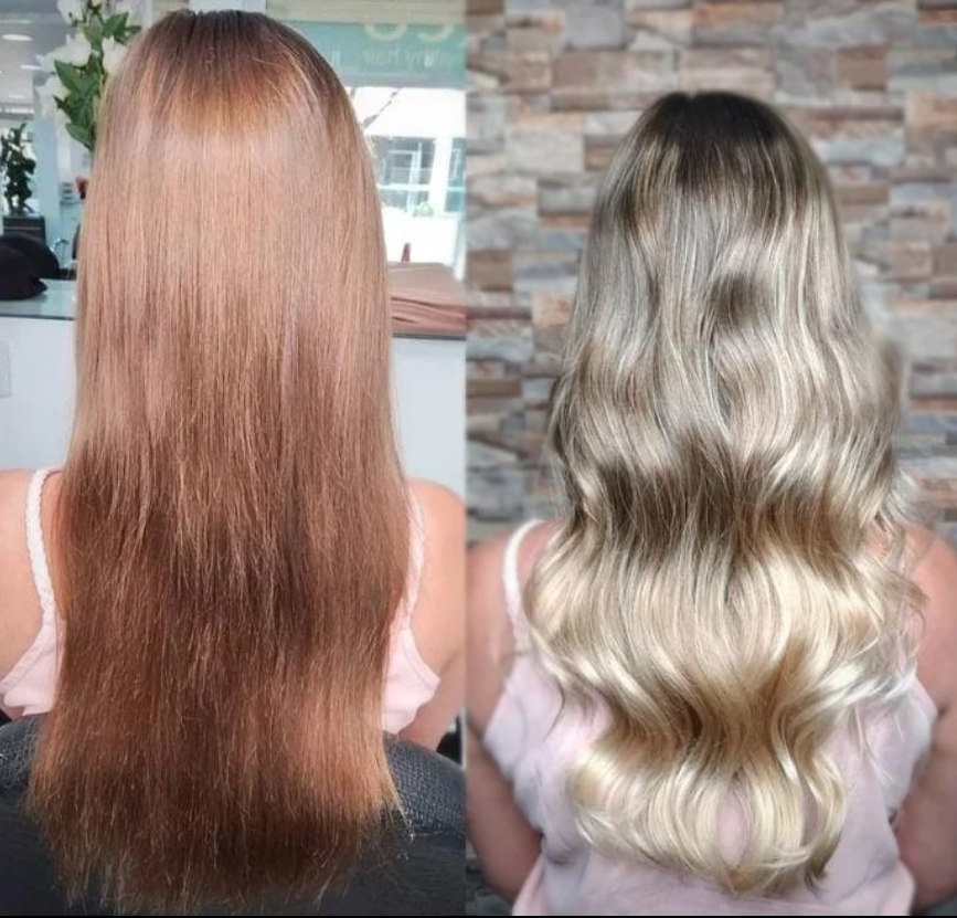 Antes e depois de coloração e tratamento capilar
